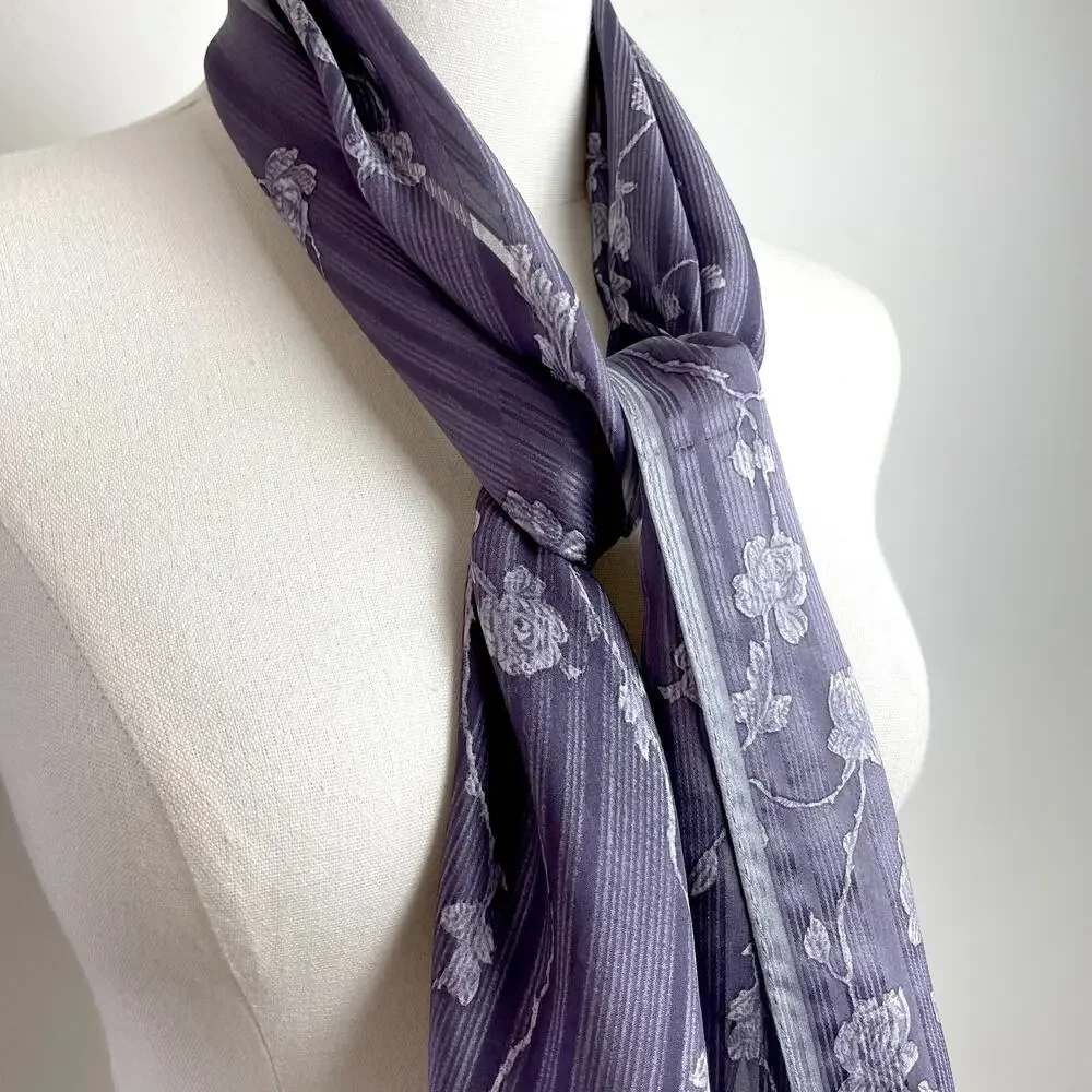 Vintage 90s Anne Klein Silk‎ Scarf Rectangle Purple Floral Cottagecore Fairy